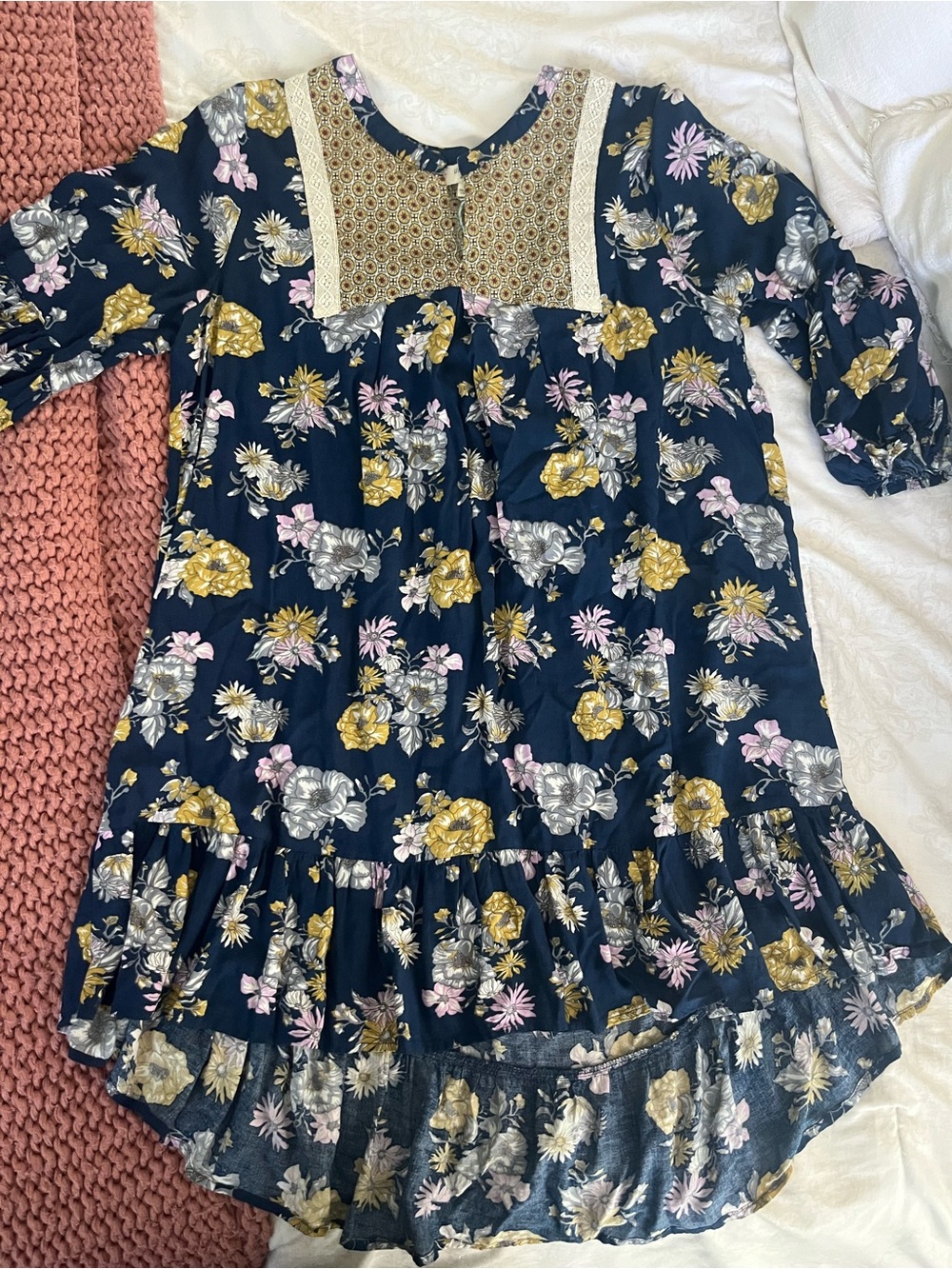 Umgee Navy Floral Tunic with Lace Yoke